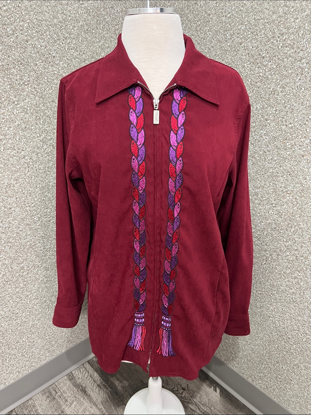 VTG Bob Mackie Wearable Art Burgundy Fuax Suede Braid Zip Jacket Size Small